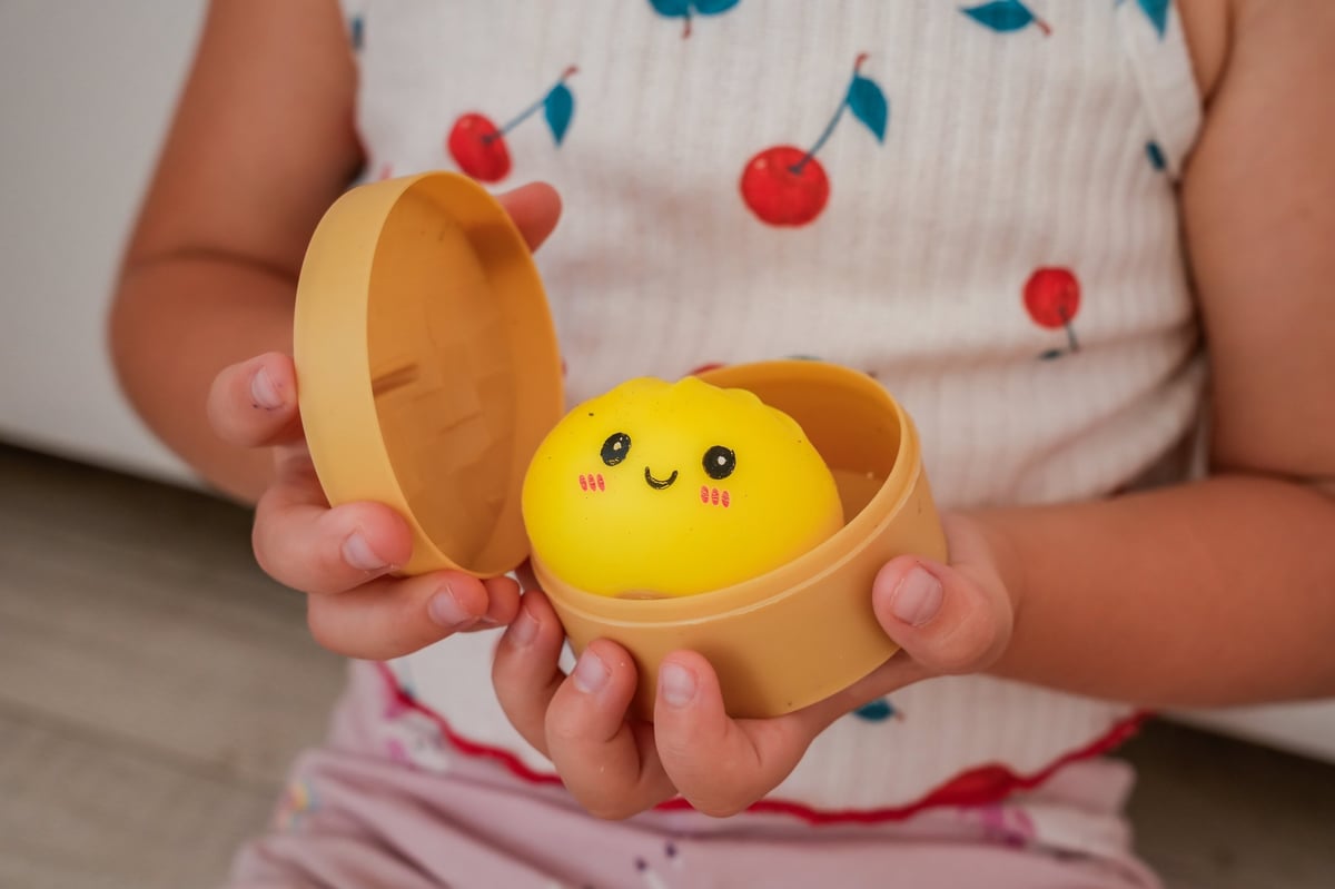 Child holding a bamboo steamer with dumpling squishy toys
